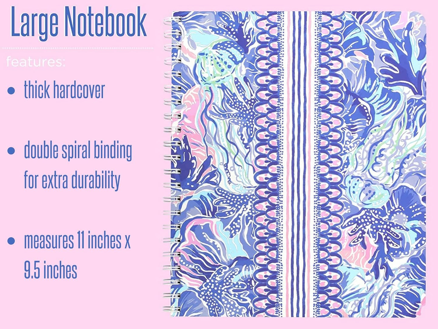 Lilly Pulitzer Large Blue Hardcover Spiral Notebook, 11" x 9.5" with 160 College Ruled Pages, Cabana Cocktail