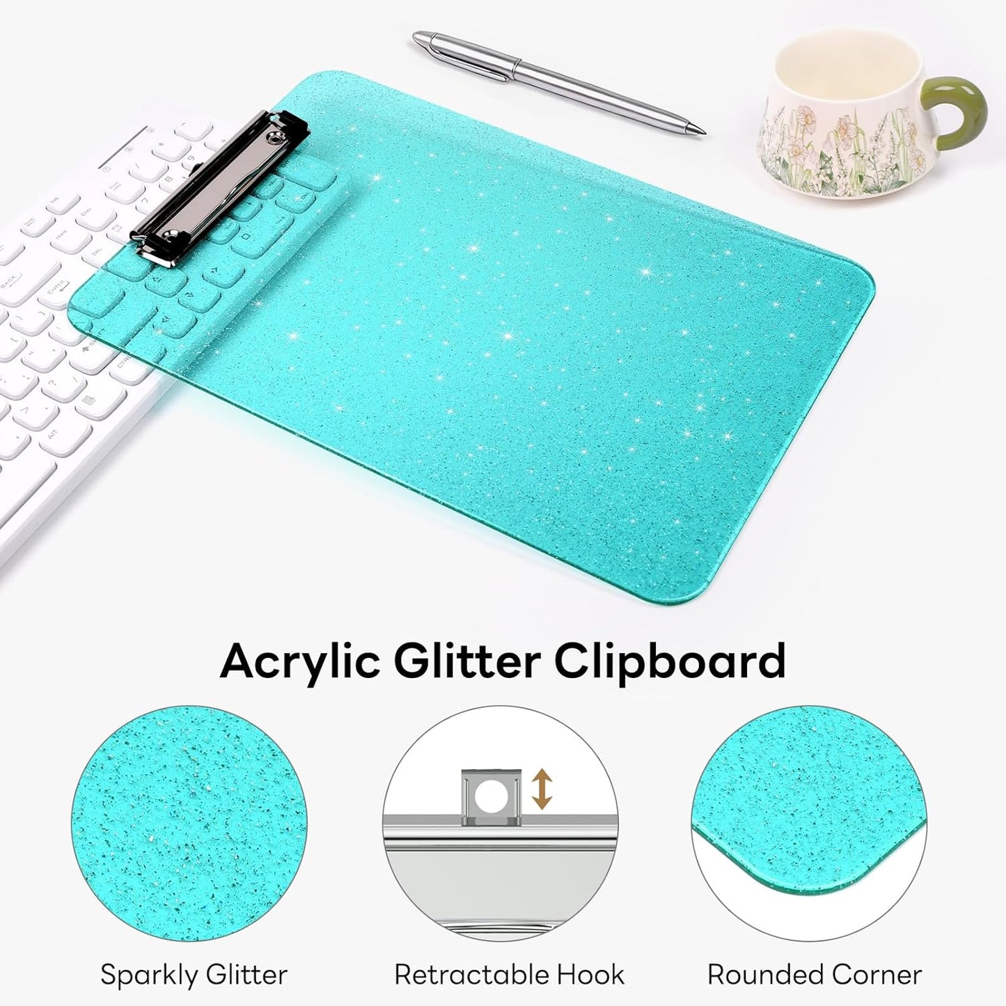 A4 Plastic Glitter Clipboard, Sparkly Pink 12.5 x 9 Letter Size for Classroom, Students, Teacher, Nurse, 8.5 x 11 Clip Board with Low Profile Clip, Office & School Supplies