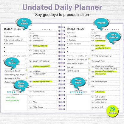 Daily Planner Undated, Asten To Do List Notebook Hourly Schedules Spiral Appointment Planner for Men and Women,PVC Hardcover,Elastic Closure, Inner Pocket 8.3" x 5.8" (Black)