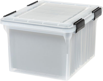 IRIS USA File Box, File Organizer w/Hinged Split Lid for Letter File, Important Document Box, Plastic Storage Filing Bin for Moving, Stackable Nestable Portable, Pearl 44 Qt. 4 Pack