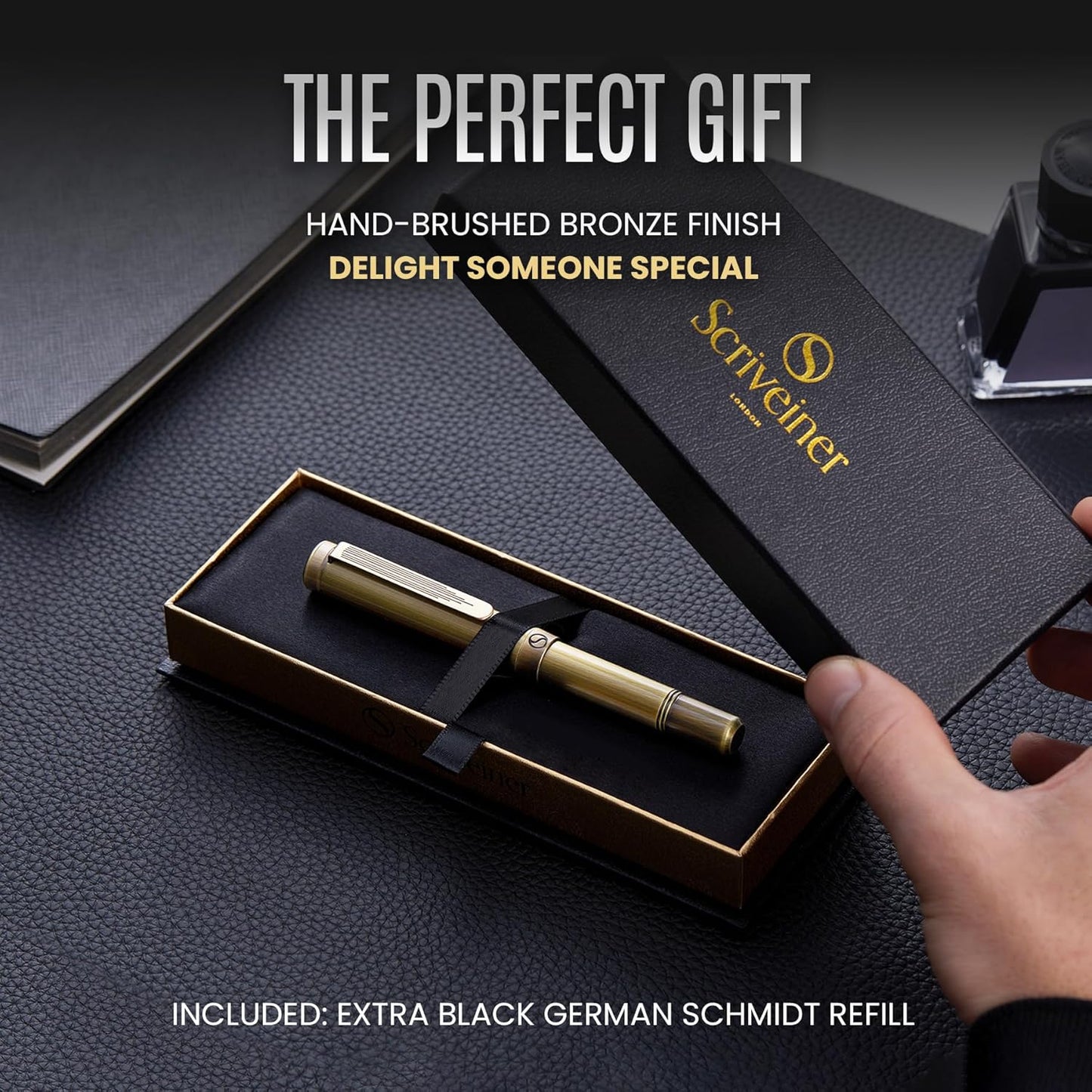 Scriveiner Black Rollerball EDC Luxury Pen, Stunning Pocket Pen with Chrome Finish, Cool Writing, Best Gift for Men & Women, German Schmidt Refill, Nice Present, Fancy Office Designer Set