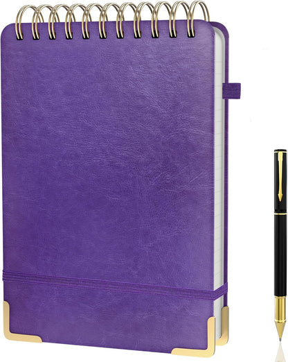 A5 Top Spiral Notebook, Large Leather Hardcover Top Bound Steno Pads, 240 Pages 100 gsm Thick Lined Paper Left Handed Notebook Journal for Work, School, Meeting Writing - Brown, 5.9" x 8.5"
