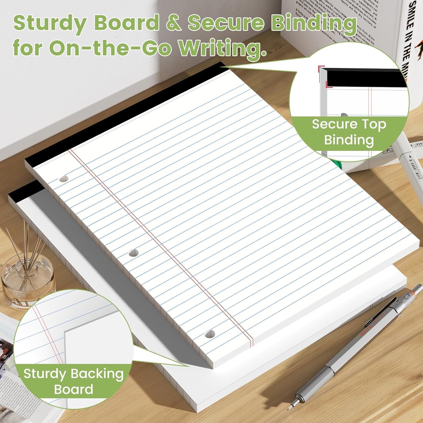 Legal Pads 8.5x11, White Notepads 8.5x11, Wide Ruled Lined with 3 Hole Punch, Loose Leaf Notebook Paper for 3 Ring Binders, 3 Pack, 30 Sheets/Pack, Perforate for School, Office, Home
