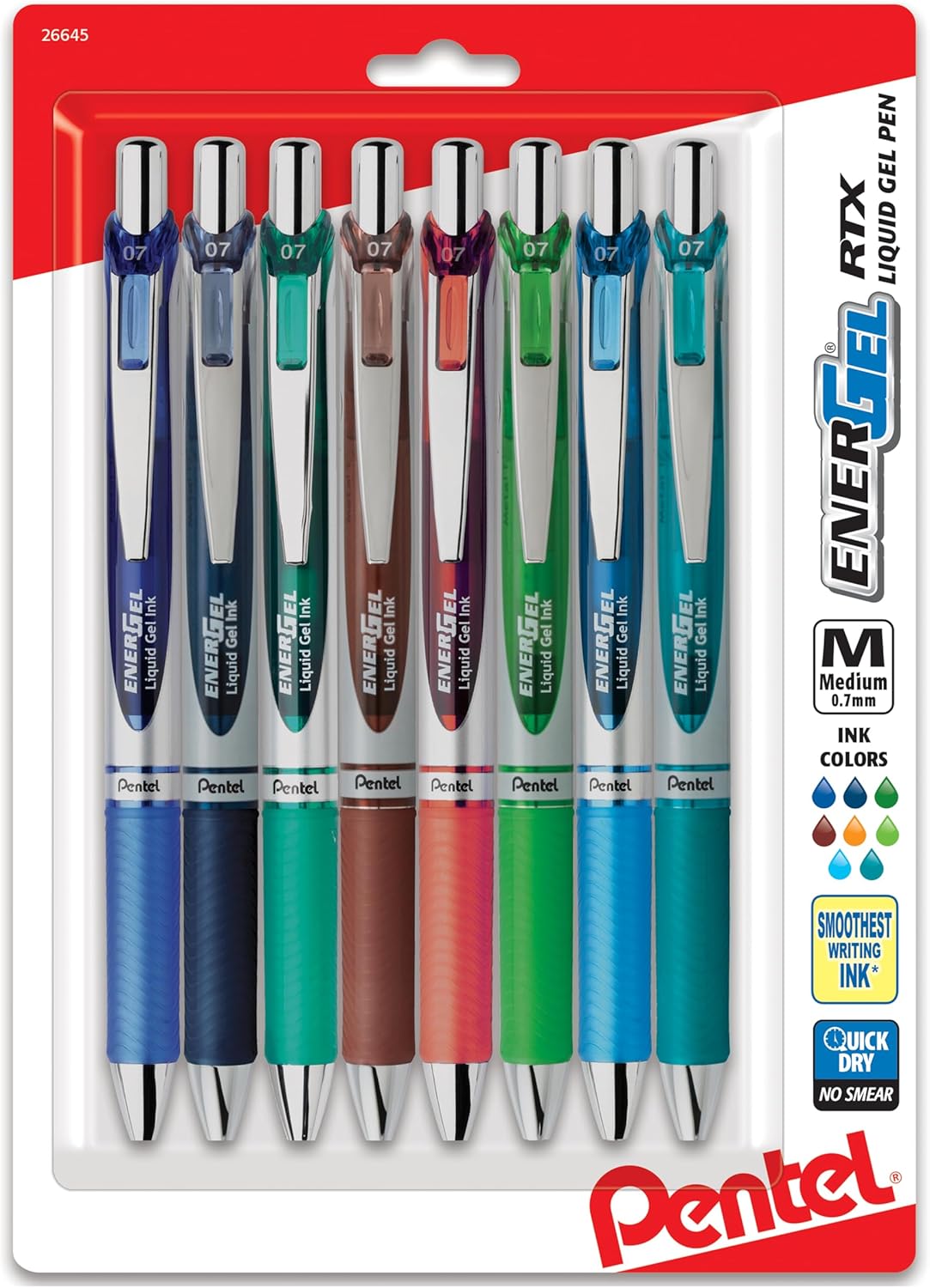 Pentel EnerGel RTX Retractable Liquid Gel Pen, (0.7mm) Metal Tip, Medium Line,Assorted Ink, 8-Pk (BL77BP8M1)