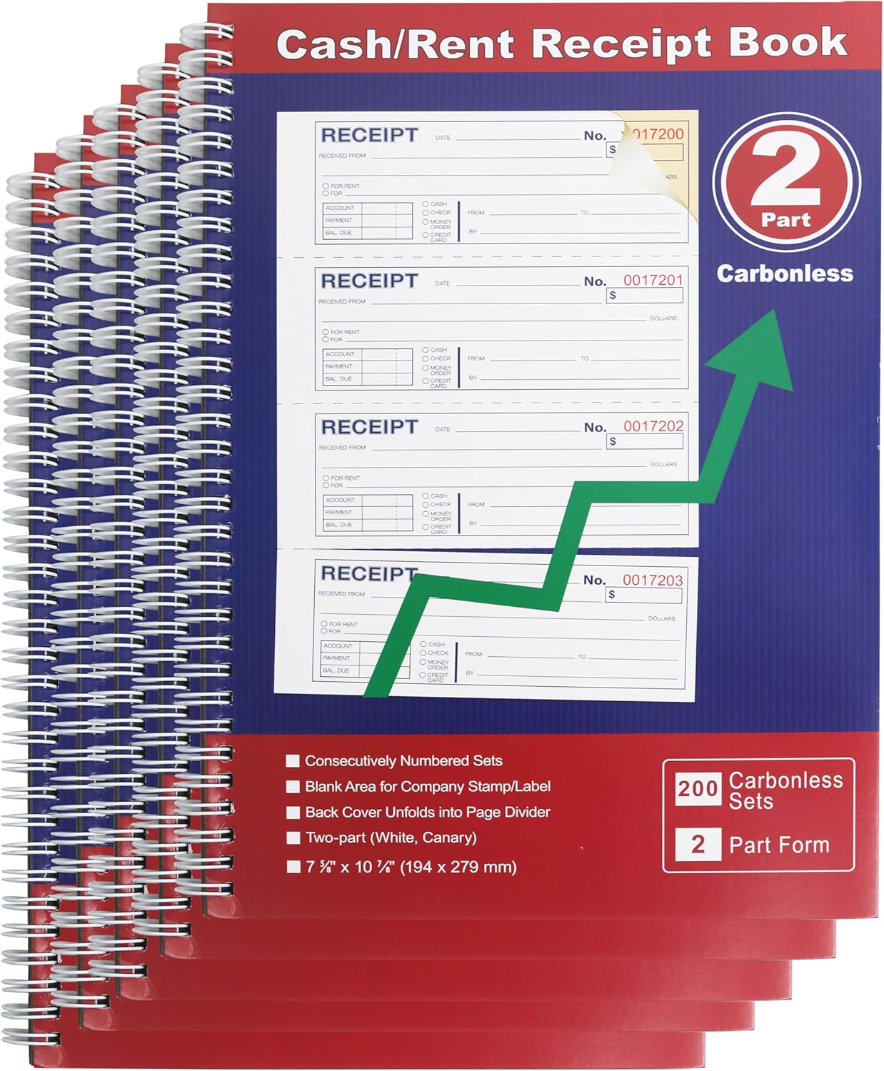 Money and Rent Receipt Book 2-Part Carbonless 7-5/8" x 11" Spiral Bound 200 Sets per Book 4 Receipts per Page(1pack)
