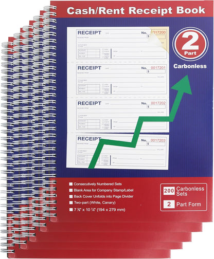Money and Rent Receipt Book 2-Part Carbonless 7-5/8" x 11" Spiral Bound 200 Sets per Book 4 Receipts per Page(1pack)