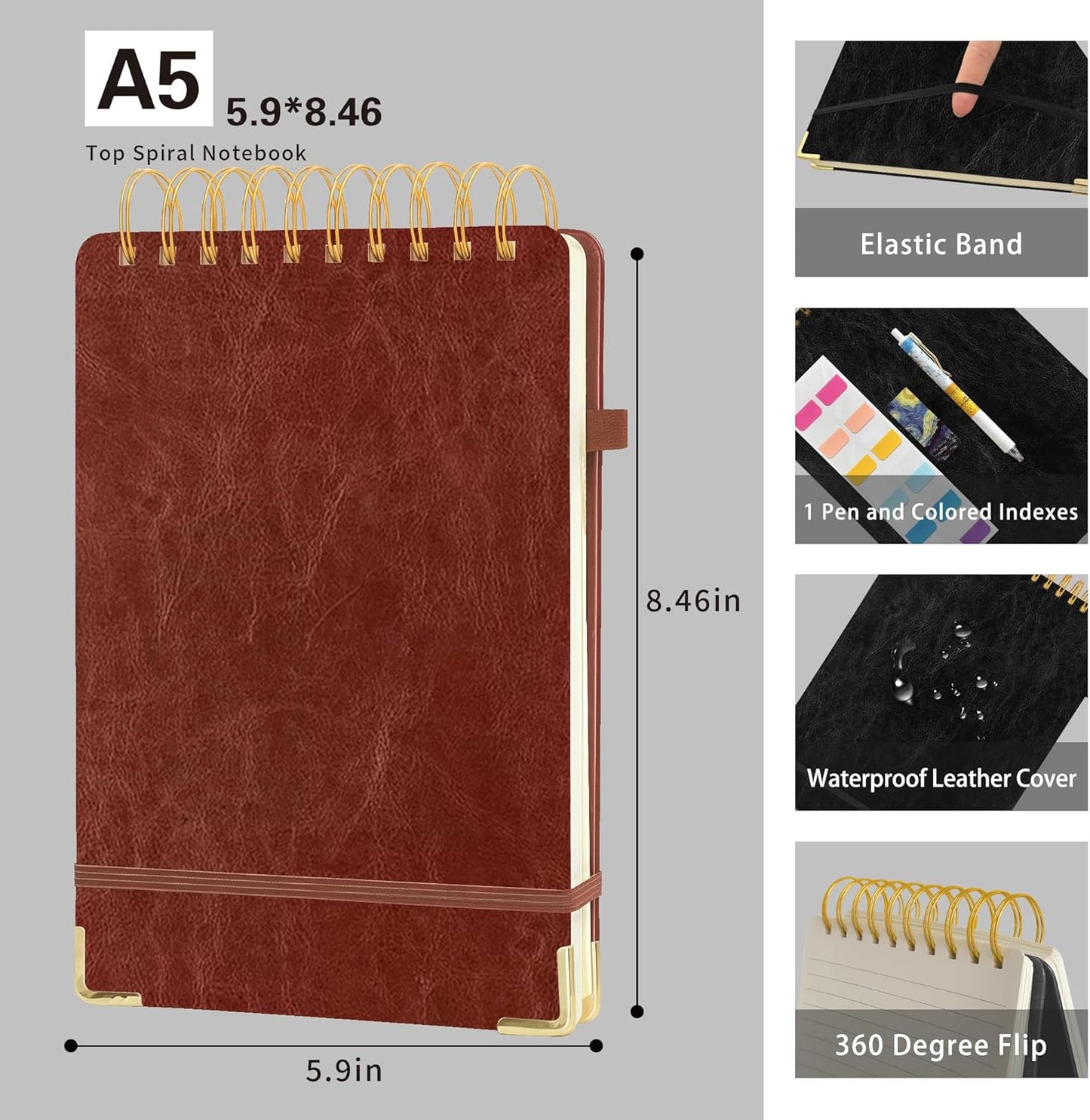 Top Spiral Notebook 8.5x11, A4 Large Leather Hardcover Top Bound Steno Pads, 240 Pages 100gsm Thick Lined Paper,Wide Ruled,Left Handed Notebook Journal for Work, School - Black