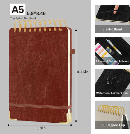 Top Spiral Notebook 8.5x11, A4 Large Leather Hardcover Top Bound Steno Pads, 240 Pages 100gsm Thick Lined Paper,Wide Ruled,Left Handed Notebook Journal for Work, School - Black