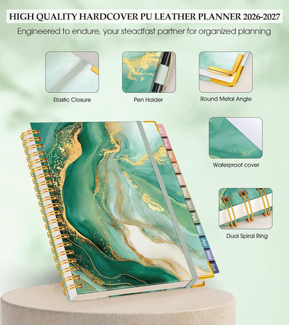 2026 Planner, Weekly and Monthly Calendar Planner from January 2026 - December 2026, 8.5" x 11" Hardcover Leather Hourly Appointment Book with Tabs, Spiral Daily Planners for School Work Home, Green