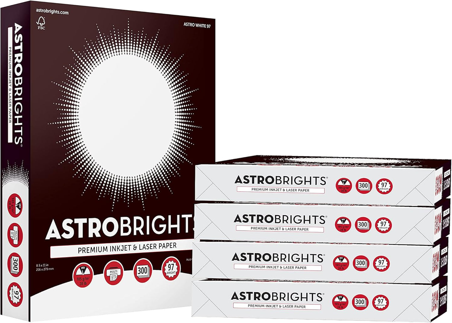 Astrobrights® Printer & Copy Paper, 8.5" x 11", 28lb/105gsm, 97 Brightness, White, 5 reams of 300 sheets per ream, 1,500 sheets per carton (91738-01)