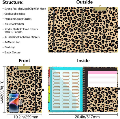 Clipboard Folder with Notepad Refillable Lined for Letter Size (11" x 8.5"), 5 Dividers with Storage 10 Pockets, Cute Spiral Foldable Clipboard with Metal Clip School Office Supplies (Sunflowers)