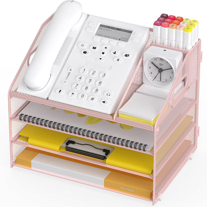 Letter Tray Paper, 4 Tier Desk Organizer with Pen Holder and Handle Mesh File Organizer Paper Sorter Metal Desktop Document Shelf for Office Home Classroom -Black