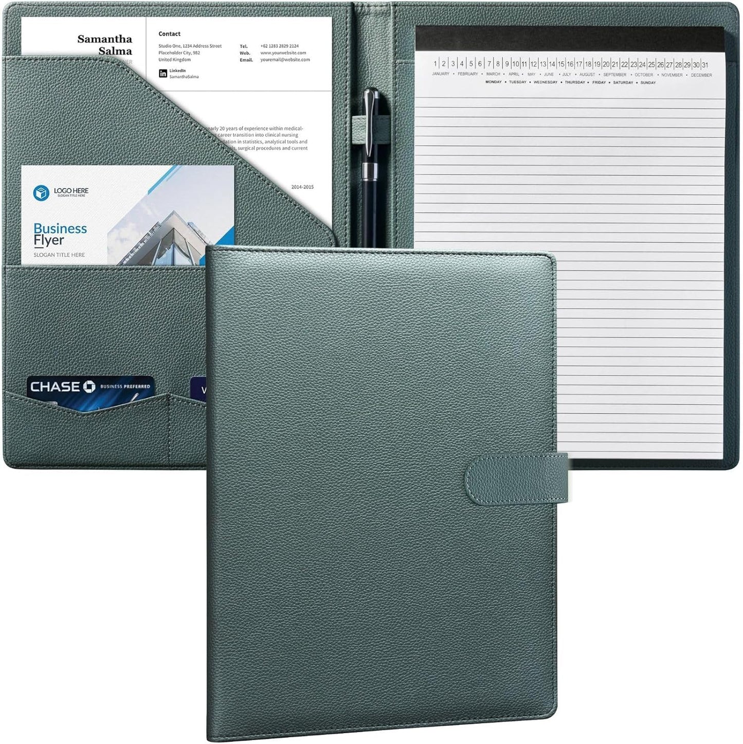 Mymazn Padfolio Portfolio Folder, Faux Leather Interview Resume Folder with Document Organizer & Business Card Holder, Letter-Sized Notepad Legal Pad Holder for Men Women (Sage Green)