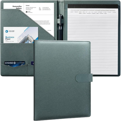 Mymazn Padfolio Portfolio Folder, Faux Leather Interview Resume Folder with Document Organizer & Business Card Holder, Letter-Sized Notepad Legal Pad Holder for Men Women (Sage Green)