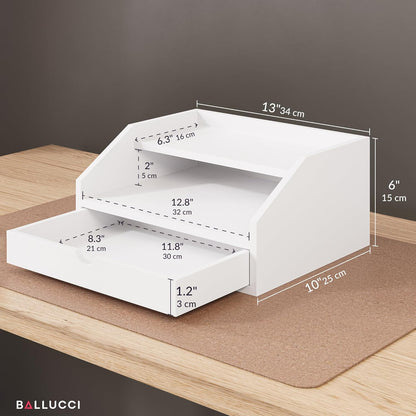 Ballucci Desk Organizer with Drawer, 2 Tier Paper Office Supplies Desk Organizer, 13 2/5" x 9 3/5" x 6", Black