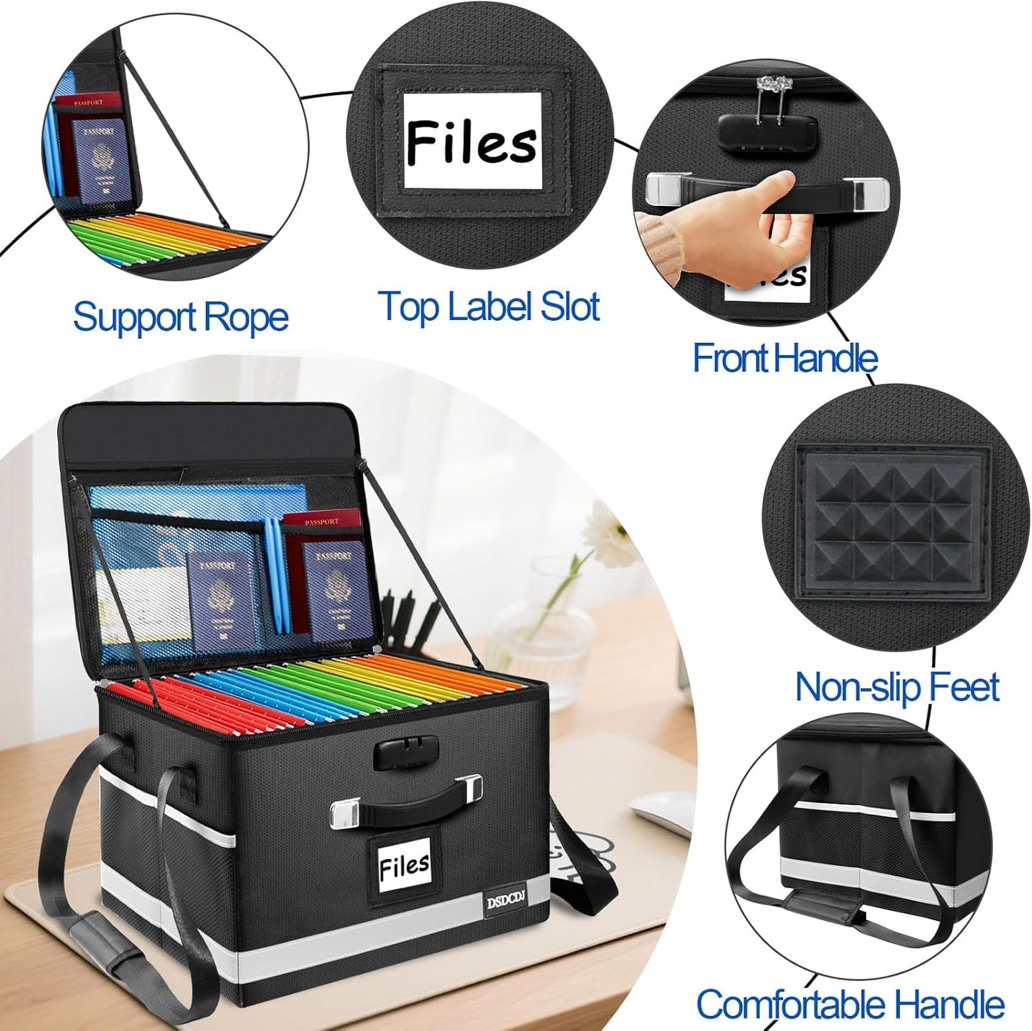 File Box with Lock - Portable File Organizer Box with Handle, Sturdy Important Document Organizer with Label, Slide, Reflective Strip for Hanging Letter/Legal Folder