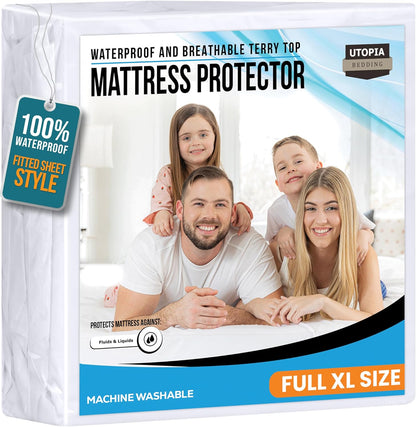 Twin Size Mattress Protector Waterproof, Premium 200 GSM Terry Mattress Cover, Soft & Breathable Bed Cover, Fitted Sheet Style Stretchable Deep Pockets 15" by Utopia Bedding (White)