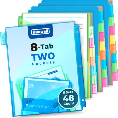 Dunwell 8-Tab Dividers with Pocket for 3-Ring Binders (3 Sets, 24 Count), Plastic One Pocket Dividers with Tabs, Slash File Jackets 3 Hole Punched for 8.5x11 Paper, Poly Pocket Notebook Dividers