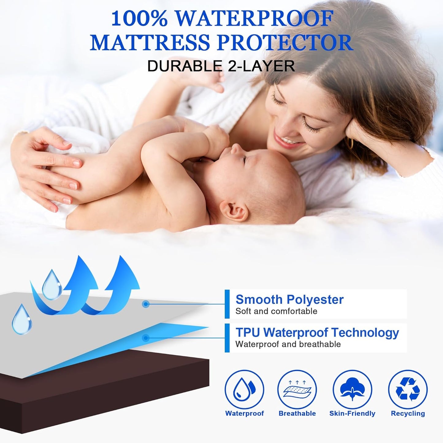 Sufdari Mattress Protector,Waterproof 18" Deep Pocket Mattress Cover Fitted Sheet Style with Elastic Rubber Band,Washable and Easy Care-Black,Queen