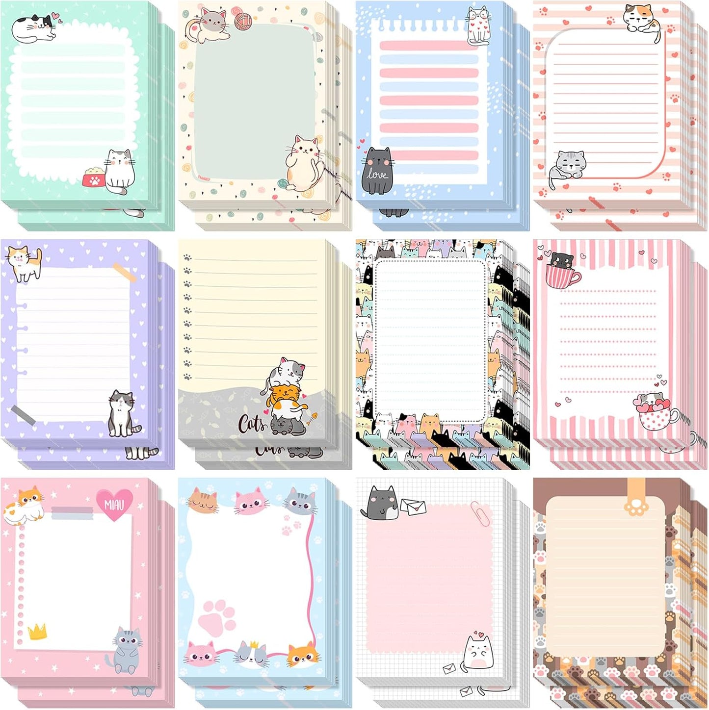 Gilprop 24 Pack Cat Sticky Notes Gift 3x4 Inch Cute Self Stick Notepads Adhesive Cartoon Cat Memo Pad Fun Kawaii Animal Sticky Notes for Teacher Women Valentines Office Home Christmas Pet Lover Gift