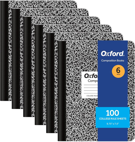 Oxford Composition Notebooks, College Ruled Paper, 9-3/4 x 7-1/2 Inches, 100 Sheets, Black, 6 Pack (63767)
