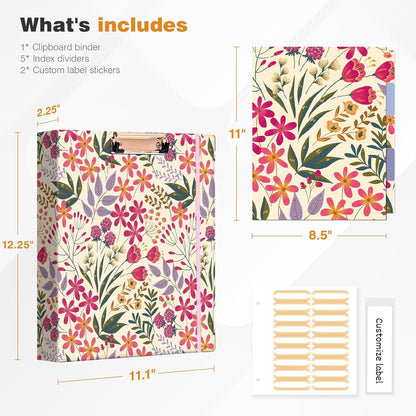 Ospelelf Binder 3 Ring 1 Inch, Floral Round Ring Clipboard Binder for Letter Size with 5 Tab Dividers, File Folder Labels, for School and Office Supplies