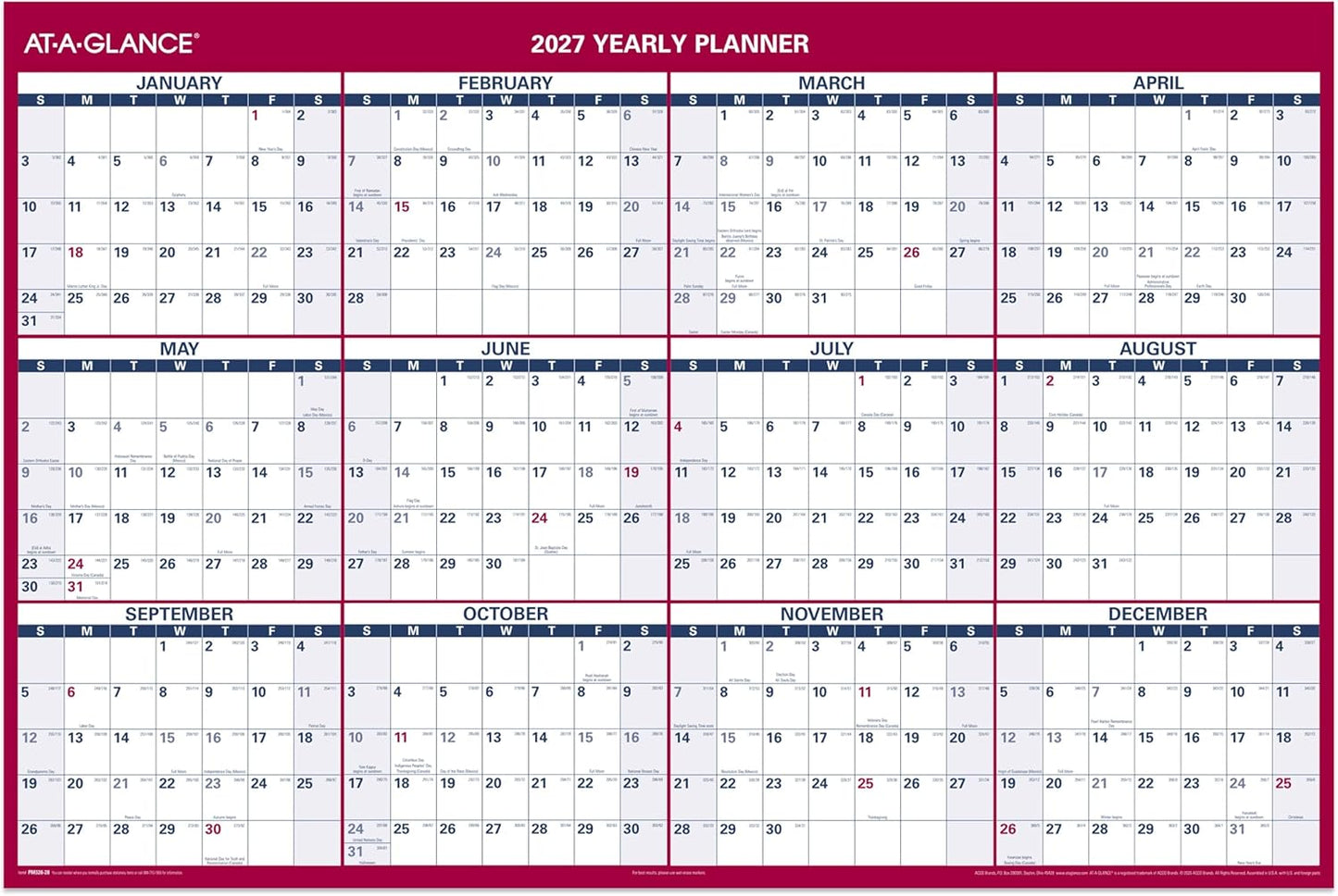AT-A-GLANCE 2026 Erasable Calendar, Dry Erase Wall Planner, 12" x 16", Small, Vertical-Horizontal, Reversible, Compact (PM330B2826)