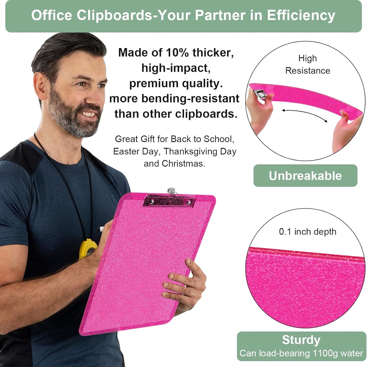 SFLHHDM 1 Pcs Clear Glitter Clipboards, Plastic Clipboard with Pen Holder, Size 8.85 x 12.4 in Shiny Clipboards with Low Profile Clip, Cute Hanging Clipboard for Office School Sparkly Clip Board-Pink