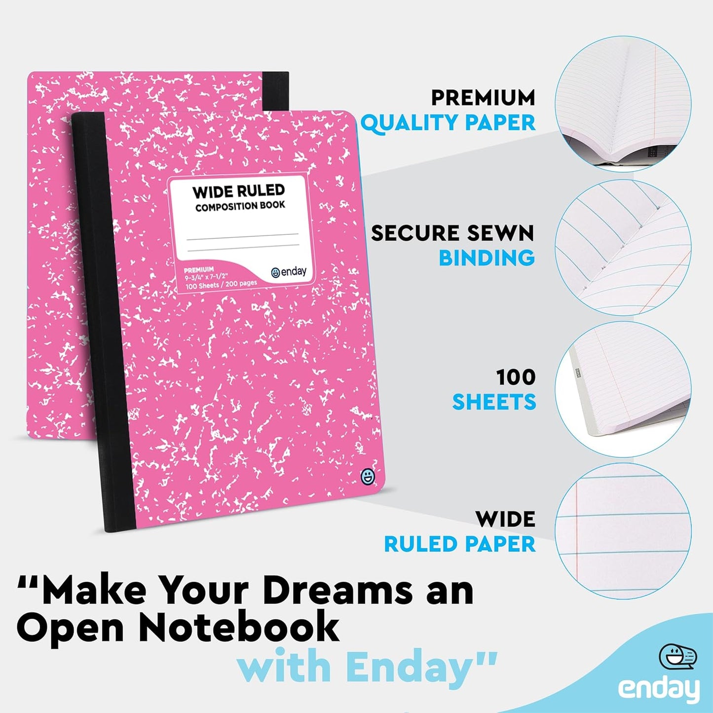 Emraw Marble Composition Notebook Wide Ruled Black and White Composition Books 100 Sheets (4 Pack) - By Enday