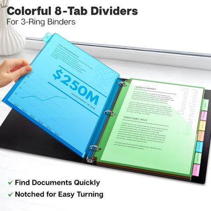 Dunwell 8-Tab Dividers with Pocket for 3-Ring Binders (3 Sets, 24 Count), Plastic One Pocket Dividers with Tabs, Slash File Jackets 3 Hole Punched for 8.5x11 Paper, Poly Pocket Notebook Dividers