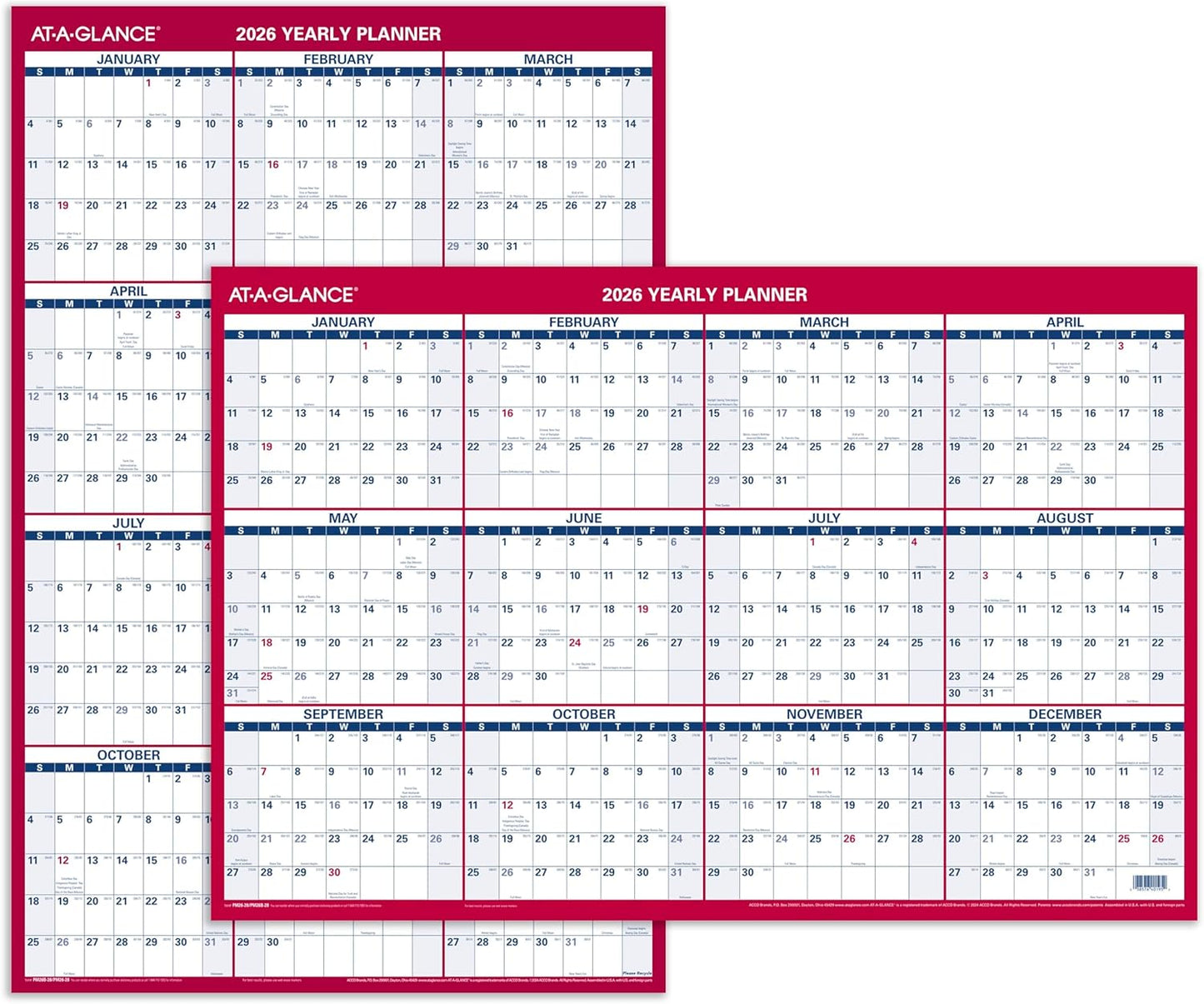 AT-A-GLANCE 2026 Erasable Calendar, Dry Erase Wall Planner, 12" x 16", Small, Vertical-Horizontal, Reversible, Compact (PM330B2826)