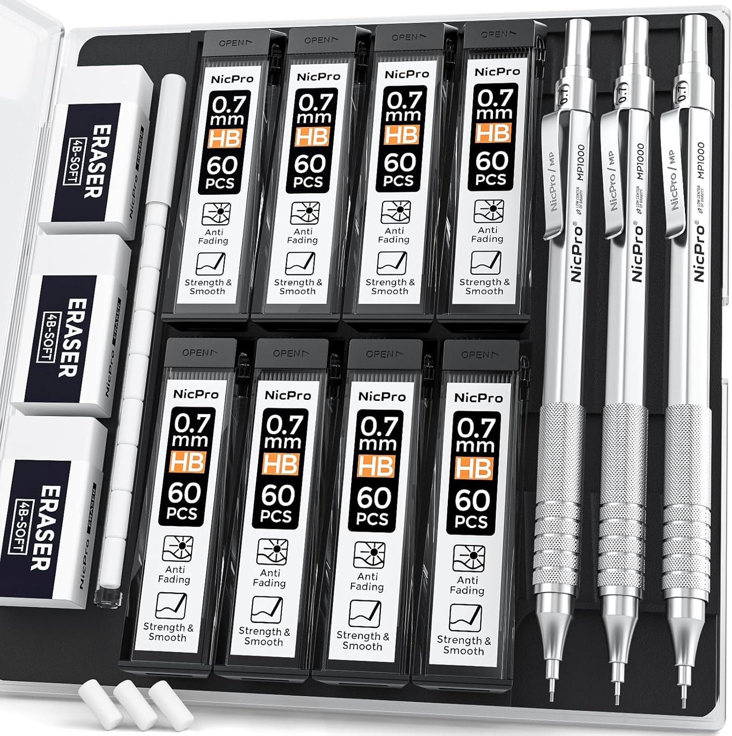 Nicpro 0.5 mm Mechanical Pencils Set with Case, 3 Metal Artist Pencil With 480PCS HB Lead Refills, 3 Erasers,9 Eraser Refills For Architect Art Writing Drafting, Drawing, Engineering, Sketching, Black