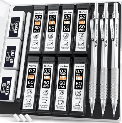 Nicpro 0.5 mm Mechanical Pencils Set with Case, 3 Metal Artist Pencil With 480PCS HB Lead Refills, 3 Erasers,9 Eraser Refills For Architect Art Writing Drafting, Drawing, Engineering, Sketching, Black