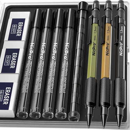 Nicpro 3 PCS 1.3 mm Orange Mechanical Pencils Set with 66 Lead Refill, 3 Eraser - Weatherproof Metal Barrel, Heavy Duty Carpenter Pencil MP2000 for Outdoor Marking Drafting Drawing Woodworking