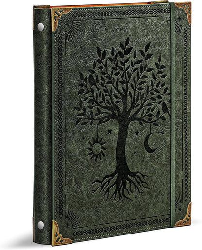 Ovesmusl Leather 3 Ring Binder Fits 8.5"x11" Letter Size Paper, 1 Inch Round Ring Binder Holds 200 Sheets, Notebook Cover Loose Leaf Organizer, Green Tree