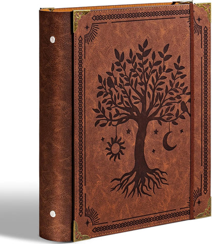Ovesmusl Leather 3 Ring Binder Fits 8.5"x11" Letter Size Paper, 1 Inch Round Ring Binder Holds 200 Sheets, Notebook Cover Loose Leaf Organizer, Green Tree