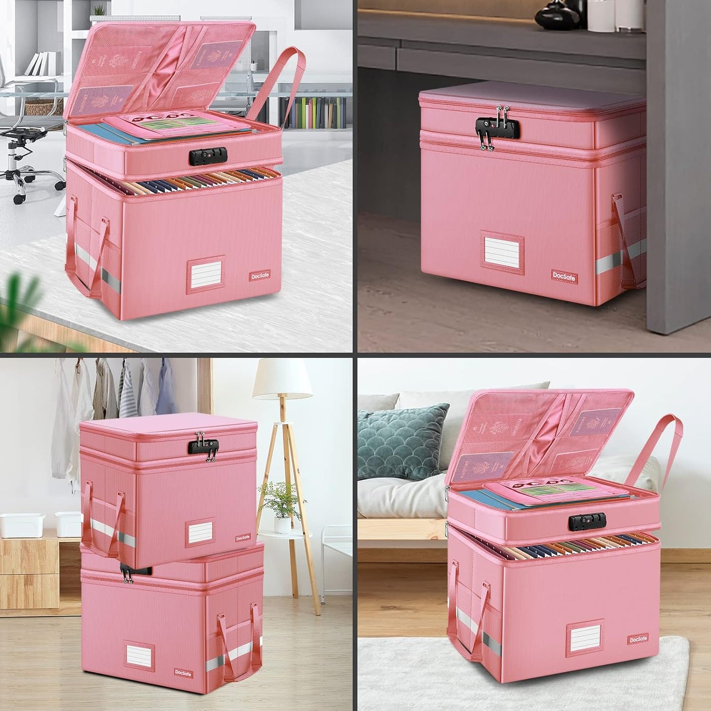 DocSafe File Box with Lock,Multi-Layer Fireproof Document Box Collapsible File Storage Organizer with Pockets/Handle,Large Portable Home Office Filing Safe for Hanging Letter/Legal Size Folders,Black
