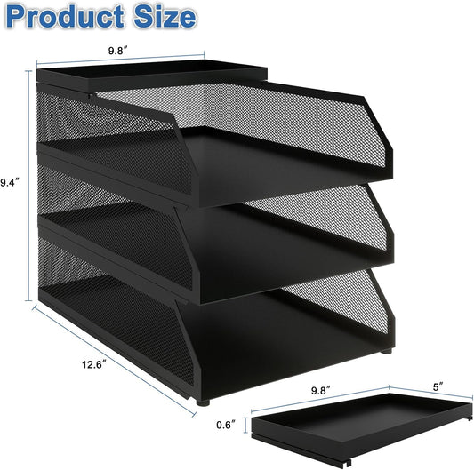 Natwind 3-Tier Desk Organizer,Desk Accessories, Stackable Paper Tray, Metal Mesh Desktop Organizer, Paper Sorter, Letter Trays,File Document Storage Rack for for Home, Office, School (Black)