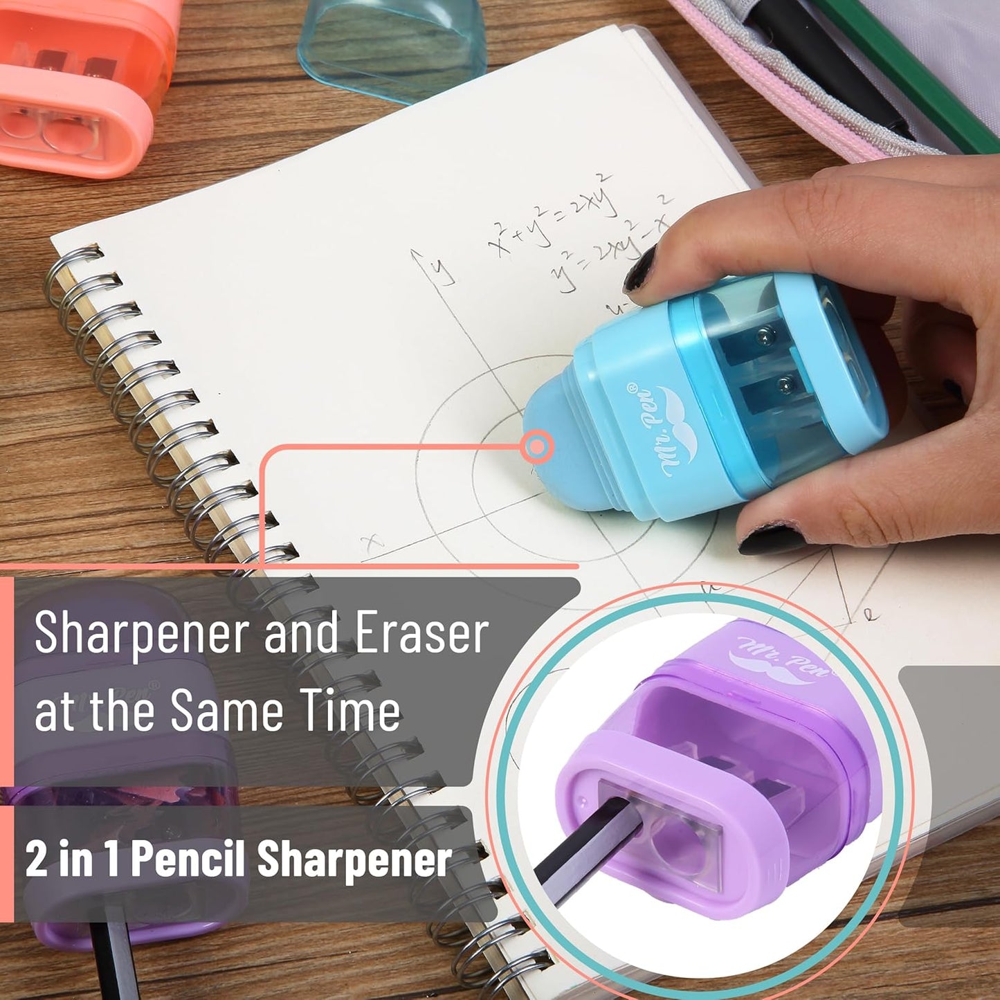 Mr. Pen- Pencil Sharpener & Eraser, 4 Pack, 2-in-1 Manual Sharpeners with Canister, 2 Sharpening Holes for Standard & Jumbo Pencils, Colorful Dual Hole Design for School, Office, Home, Kids