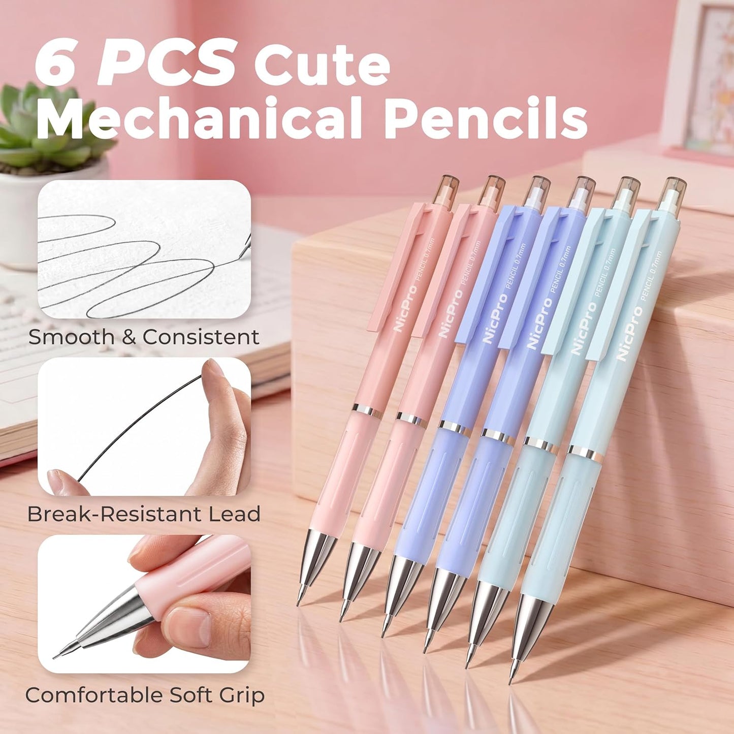 Nicpro 3PCS Cute Mechanical Pencil Set with Case, 0.7 mm Pencils with 6 Tube HB Lead Refill, 3PCS Eraser, 9PCS Eraser Refill for School Supplies Student Writing, Drafting Drawing Sketching