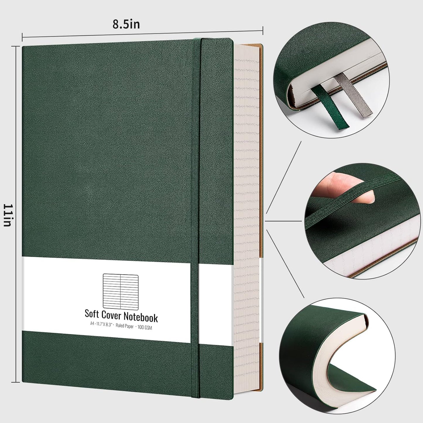 AHGXG 8.5''×11'' Notebook College Ruled - Large A4 Notebook Lined Journal - 320 Pages Thick Journal for Writing, 100gsm Thick Paper, Leather Softcover, for Work School - Black