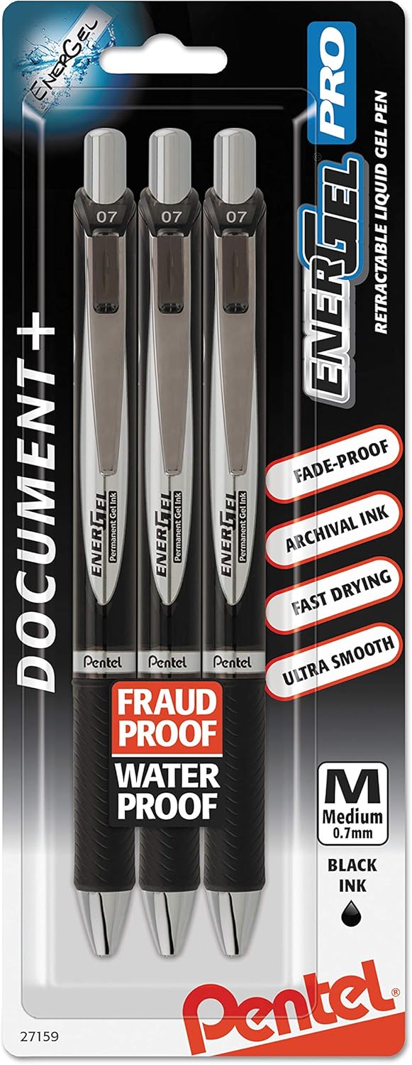 Pentel EnerGel Permanent Gel Ink Rollerball Pen, Black, 3 Pack (BLP77BP3A)