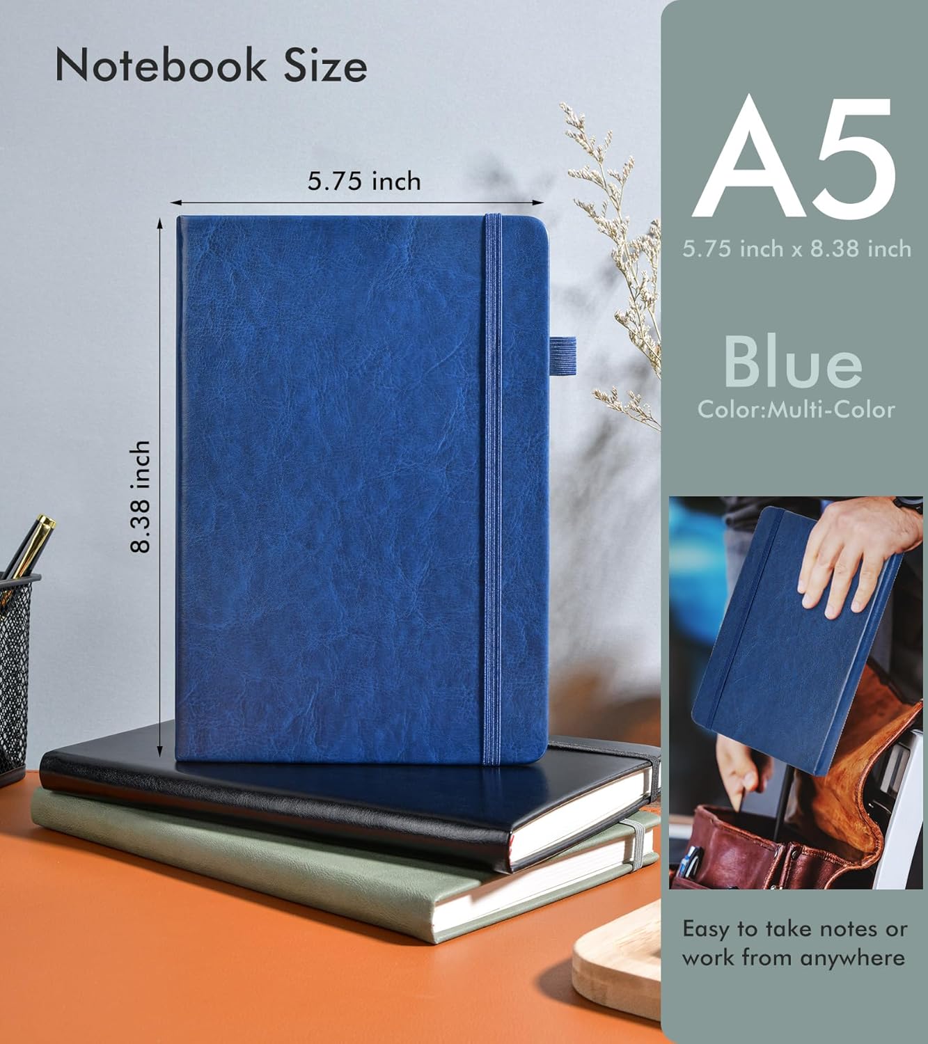 Lined Journal Notebook for Men Women, 200 Numbered Pages Leather Hardcover Journal with Pen, A5 Journaling Notebooks, Thick Paper College Ruled Journals for Writing Work Business 5.75'' X 8.38'' Black