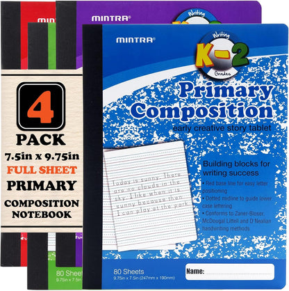 Mintra Primary Composition Notebook, 4 Pack, Assorted Colors 80 Sheets, 7.5in x 9.75in, 1/2 Sheet, Ruled with Drawing Area, Flexible Hardcover Journal, Grades K-2, School & Home Use