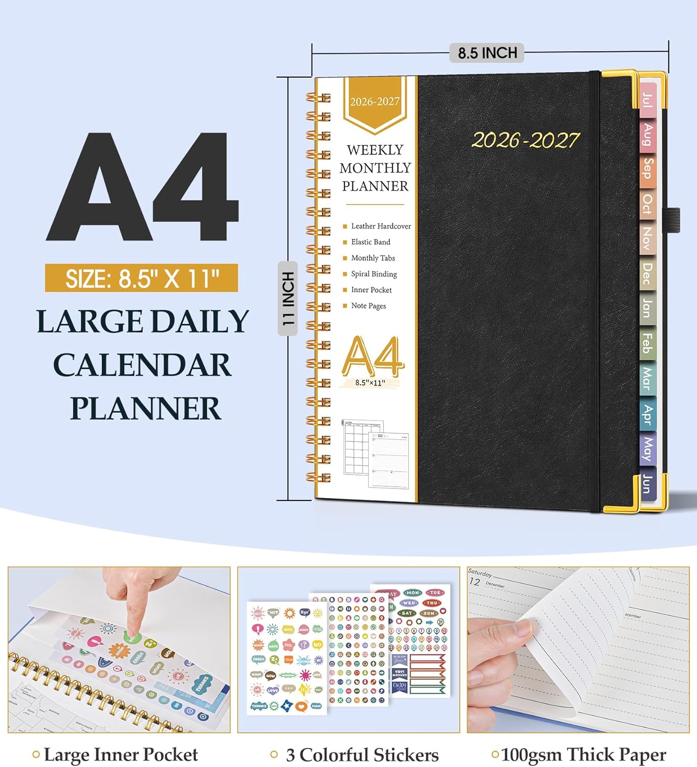2026 Planner, Weekly and Monthly Calendar Planner from January 2026 - December 2026, 8.5" x 11" Hardcover Leather Hourly Appointment Book with Tabs, Spiral Daily Planners for School Work Home, Green