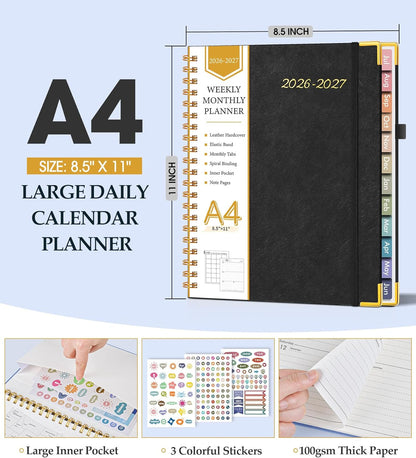 2026 Planner, Weekly and Monthly Calendar Planner from January 2026 - December 2026, 8.5" x 11" Hardcover Leather Hourly Appointment Book with Tabs, Spiral Daily Planners for School Work Home, Green