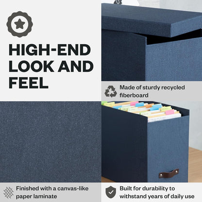 Bigso John Desktop File Box - Storage Solution and Document Organizer for Important Paperwork - Durable Hanging File Box with a Lid and Leather Handle - 7.36 in x 13.26 in x 10.51 in - Grey