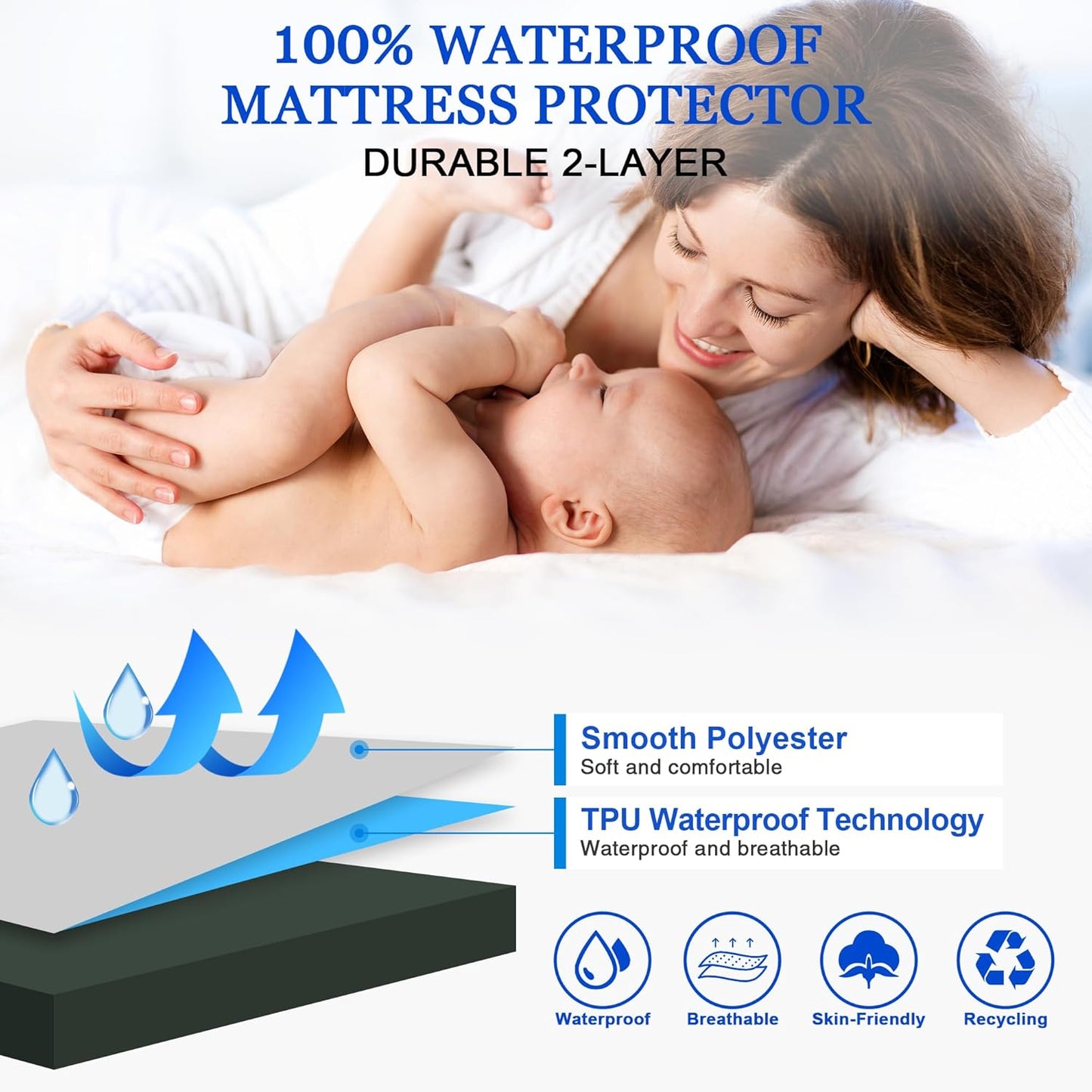 Sufdari Mattress Protector,Waterproof 18" Deep Pocket Mattress Cover Fitted Sheet Style with Elastic Rubber Band,Washable and Easy Care-Black,Queen