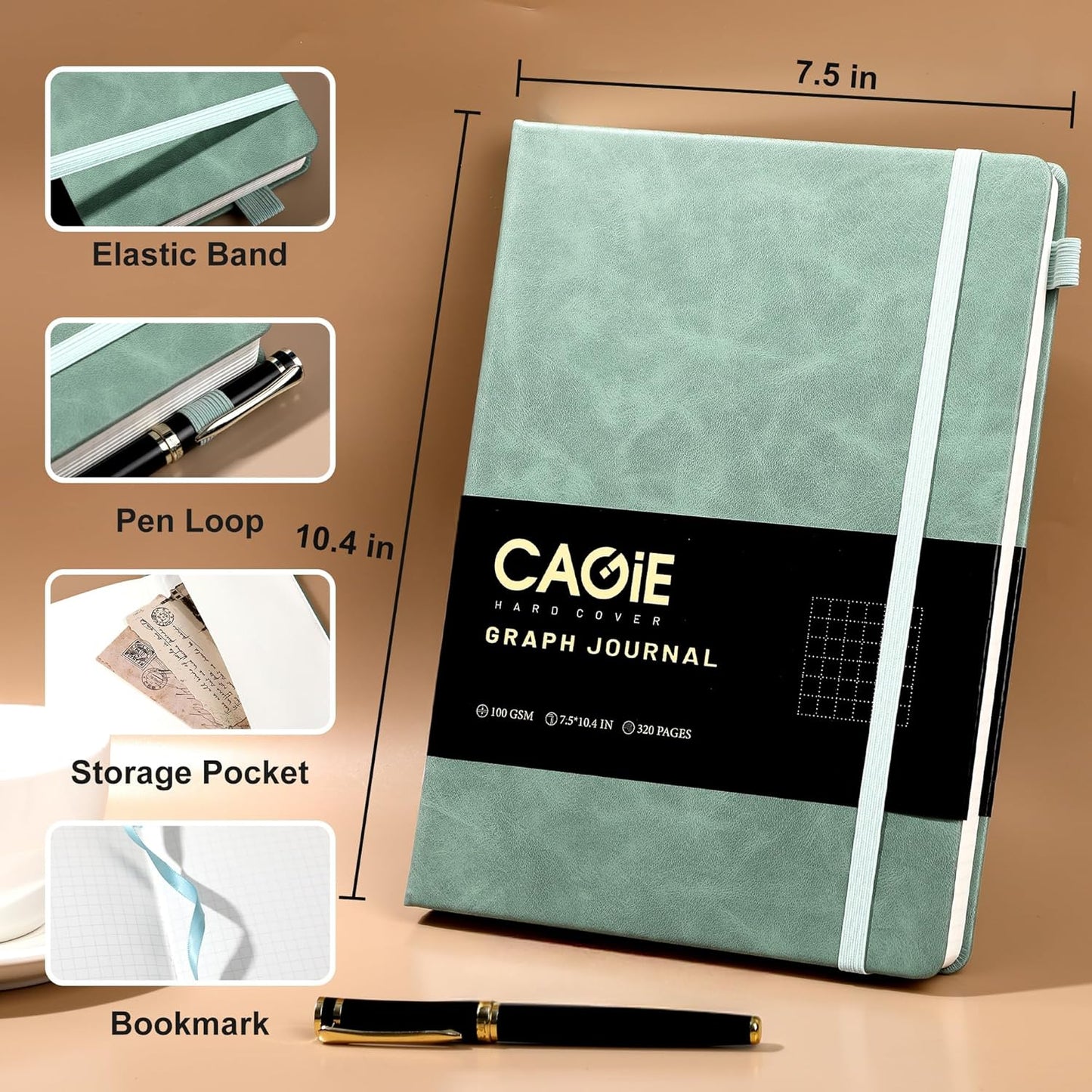 CAGIE Bullet Dotted Journal Notebook 320 Pages 100 GSM Paper Hardcover A5 Dot Grid Notebook Leather Journals for Writing Women Men Work Journaling, Green