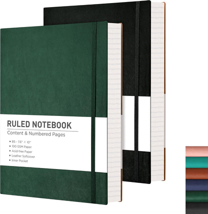 RETTACY Lined Journal Notebook, 2-Pack, 204 Numbered Pages per Pack, B5 Medium 7.6" × 10", Leather Softcover, 100 GSM Thick Paper, for Writing, Work, School (Black & Dark Green)